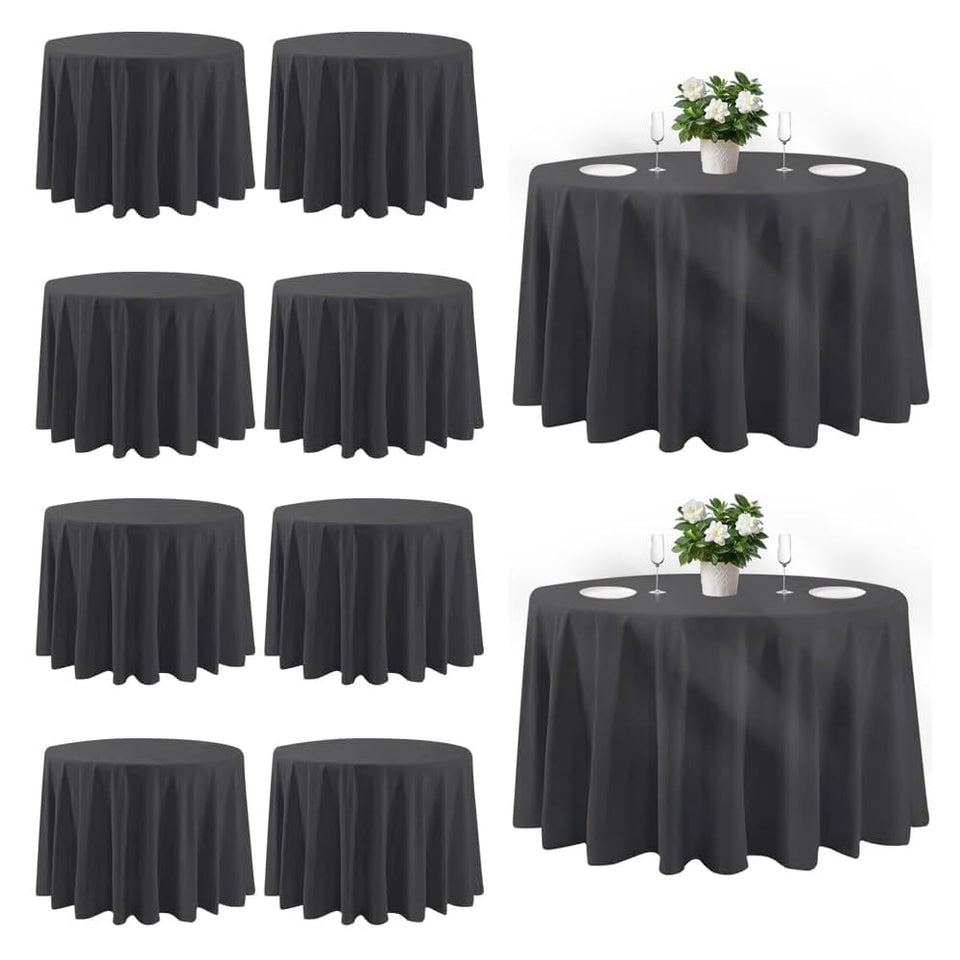 Cuckan 120-inch round tablecloth 10-pack in black, ideal for elegant wedding buffets.