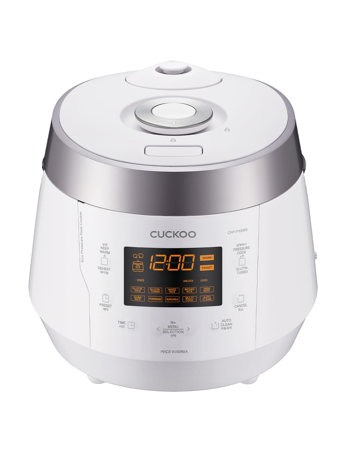 CUCKOO CRP-P1009SW front view with intuitive controls for effortless meal prep.