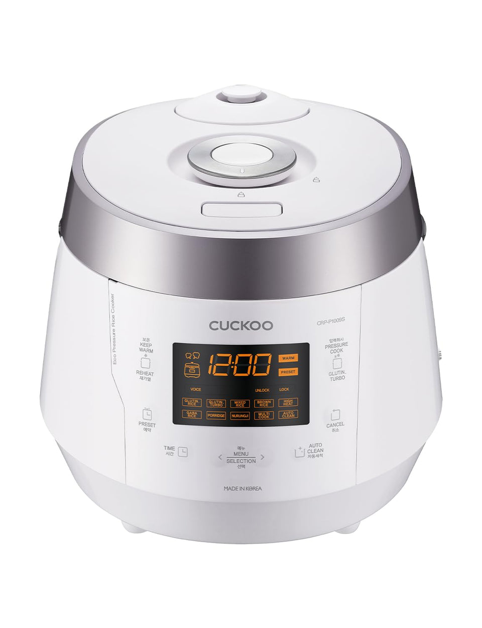 CUCKOO CRP-P1009SW front view with intuitive controls for effortless meal prep.