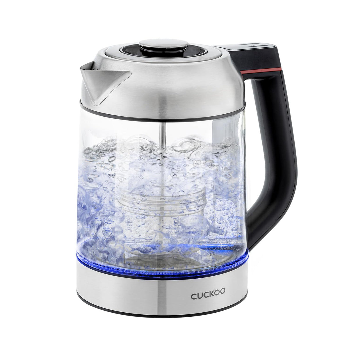 CUCKOO electric tea kettle with glass body for clear brewing visibility