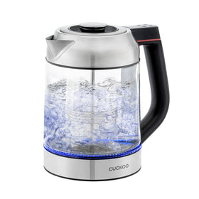 CUCKOO electric tea kettle with glass body for clear brewing visibility