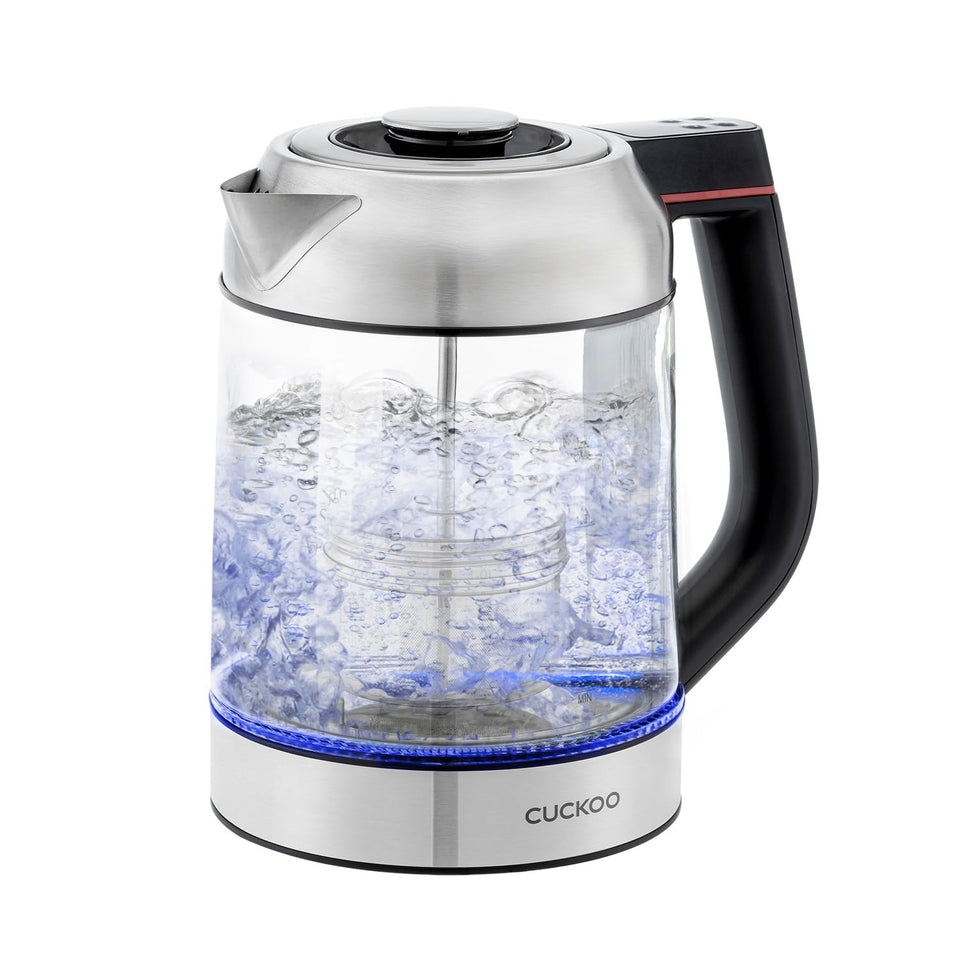 CUCKOO electric tea kettle with glass body for clear brewing visibility