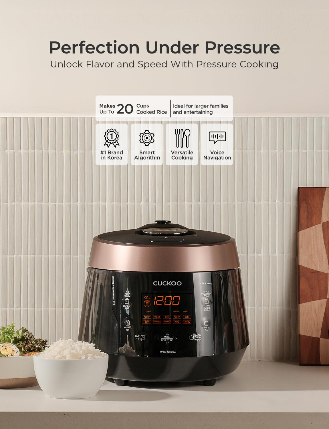 CUCKOO high pressure rice cooker showing 20-cup cooked output