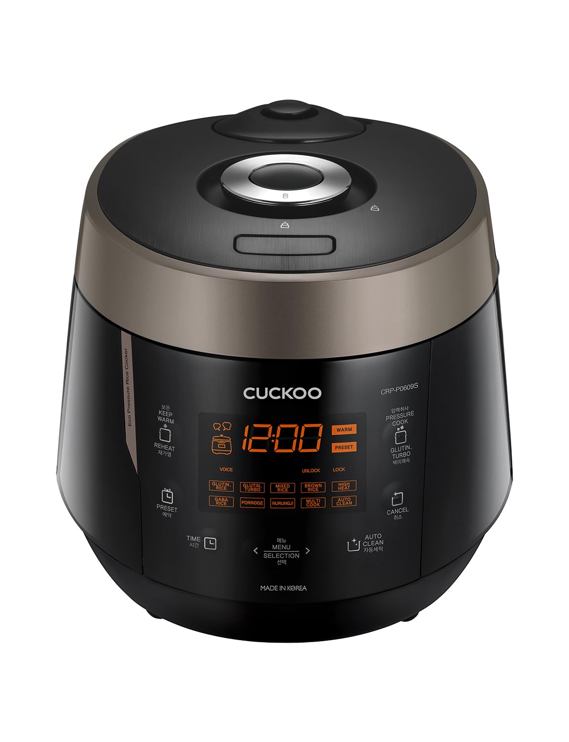 CUCKOO high-pressure rice cooker front view, compact design ideal for small kitchens.