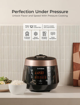 CUCKOO high-pressure rice cooker steam plate highlights safe, gentle pressure release.