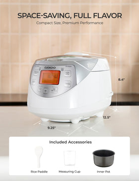 Image shows CUCKOO Micom's 12-cup cooked capacity for family meals.