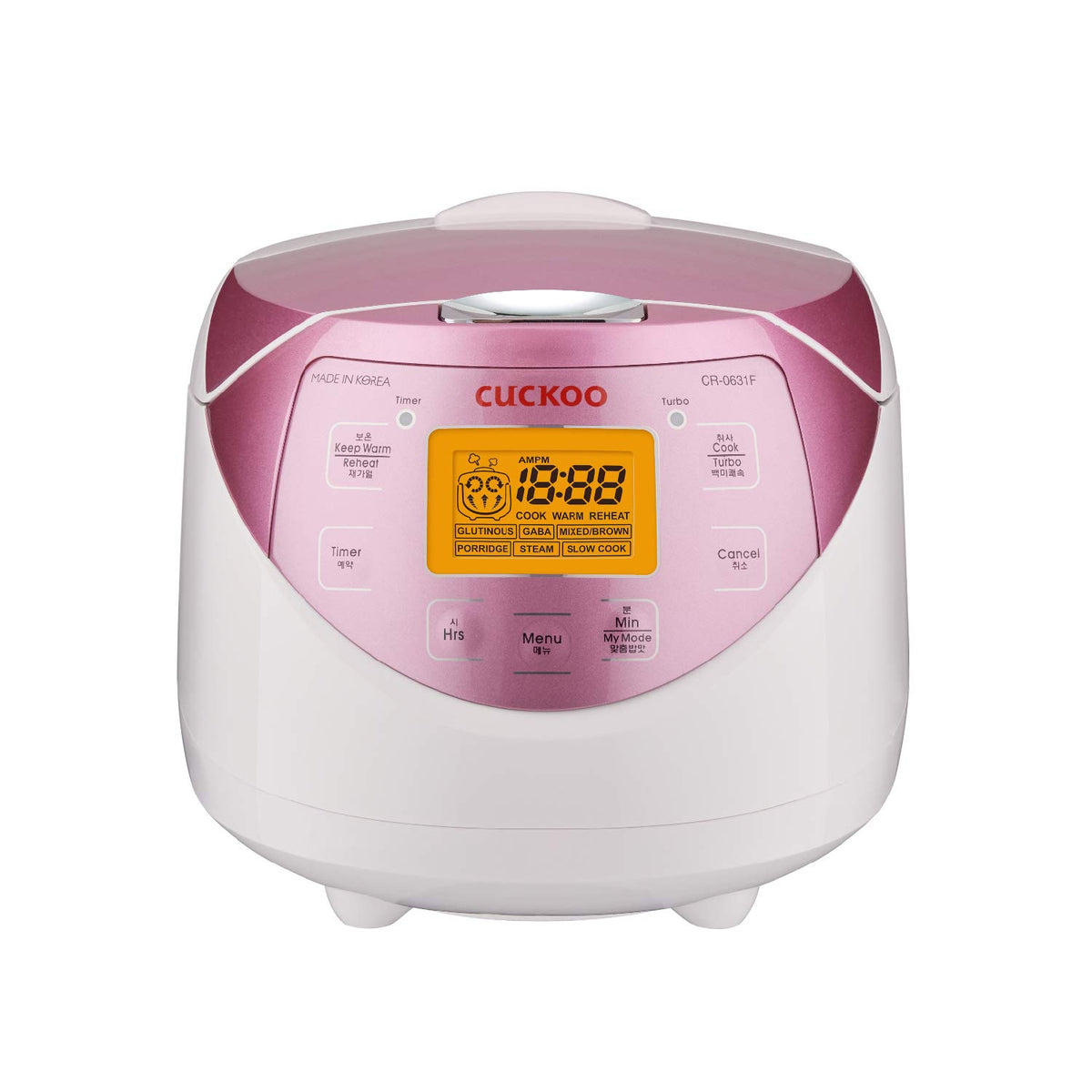 CUCKOO Micom CR-0631F pink front view showing compact design for small kitchens and easy use.