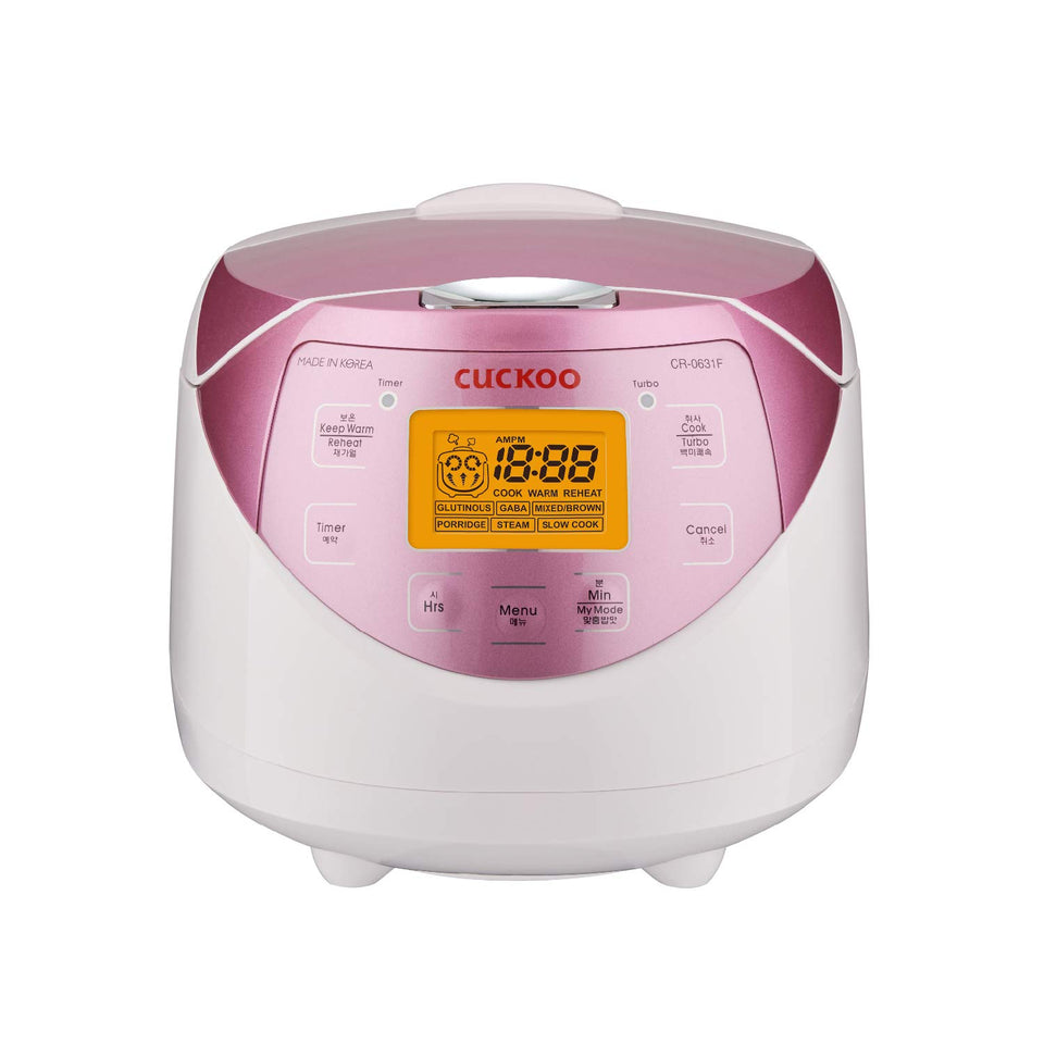 CUCKOO Micom CR-0631F pink front view showing compact design for small kitchens and easy use.