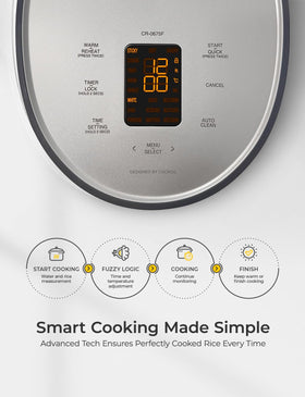 CUCKOO Micom rice cooker fuzzy logic display helps achieve consistent cooking results.