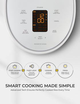 CUCKOO Micom Rice Cooker showing fuzzy logic technology for consistent results