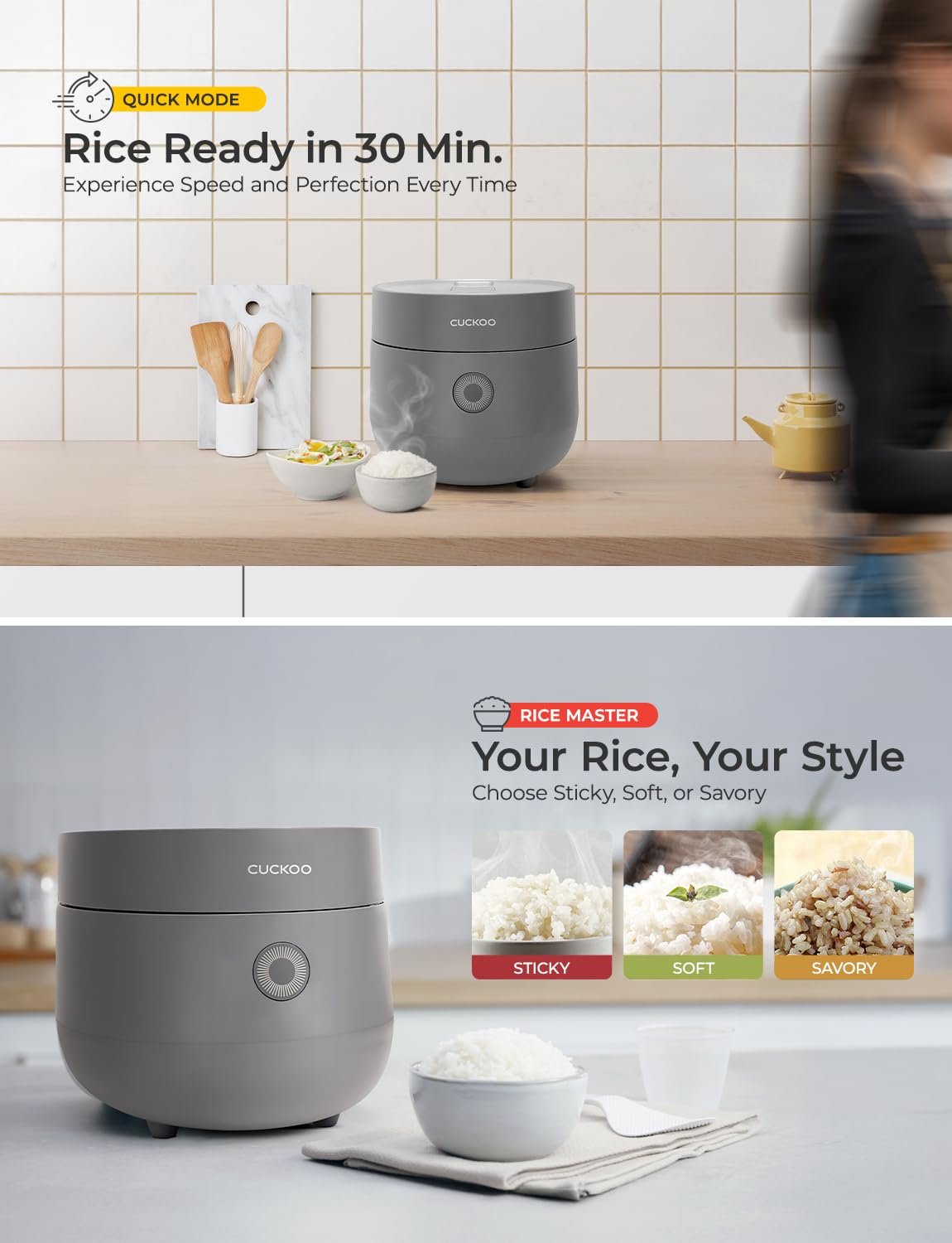 CUCKOO Micom rice cooker quick rice mode speeds weeknight meals without sacrificing texture.