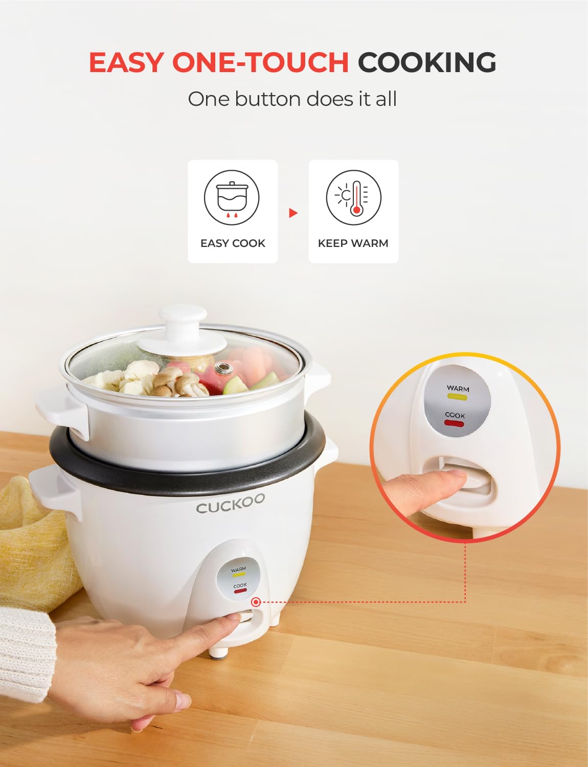 CUCKOO One Touch Rice Cooker compact footprint fits counter spaces neatly.