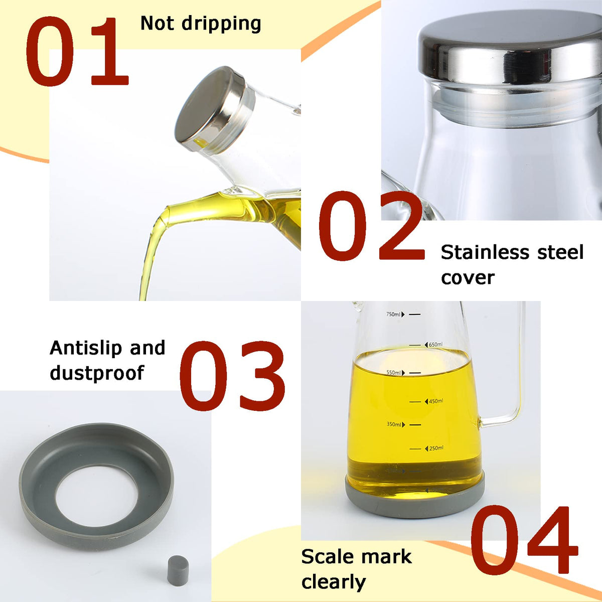 Cucudoner oil dispenser silicone bottom offers stable countertop placement.