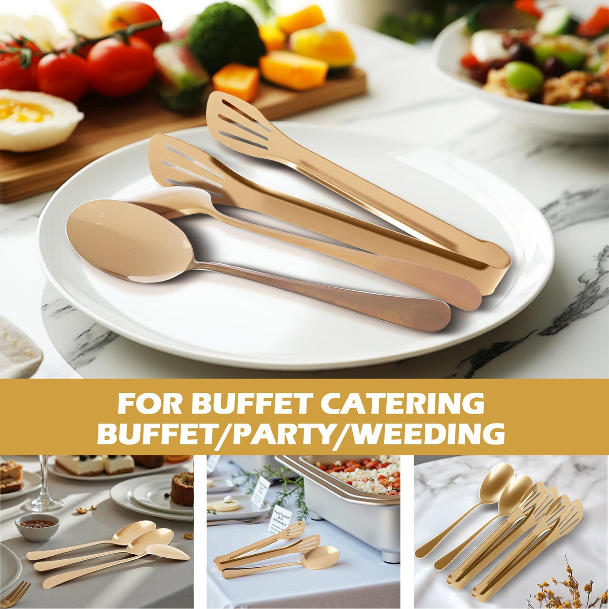CuCuLife gold serving set on a buffet display for weddings and events