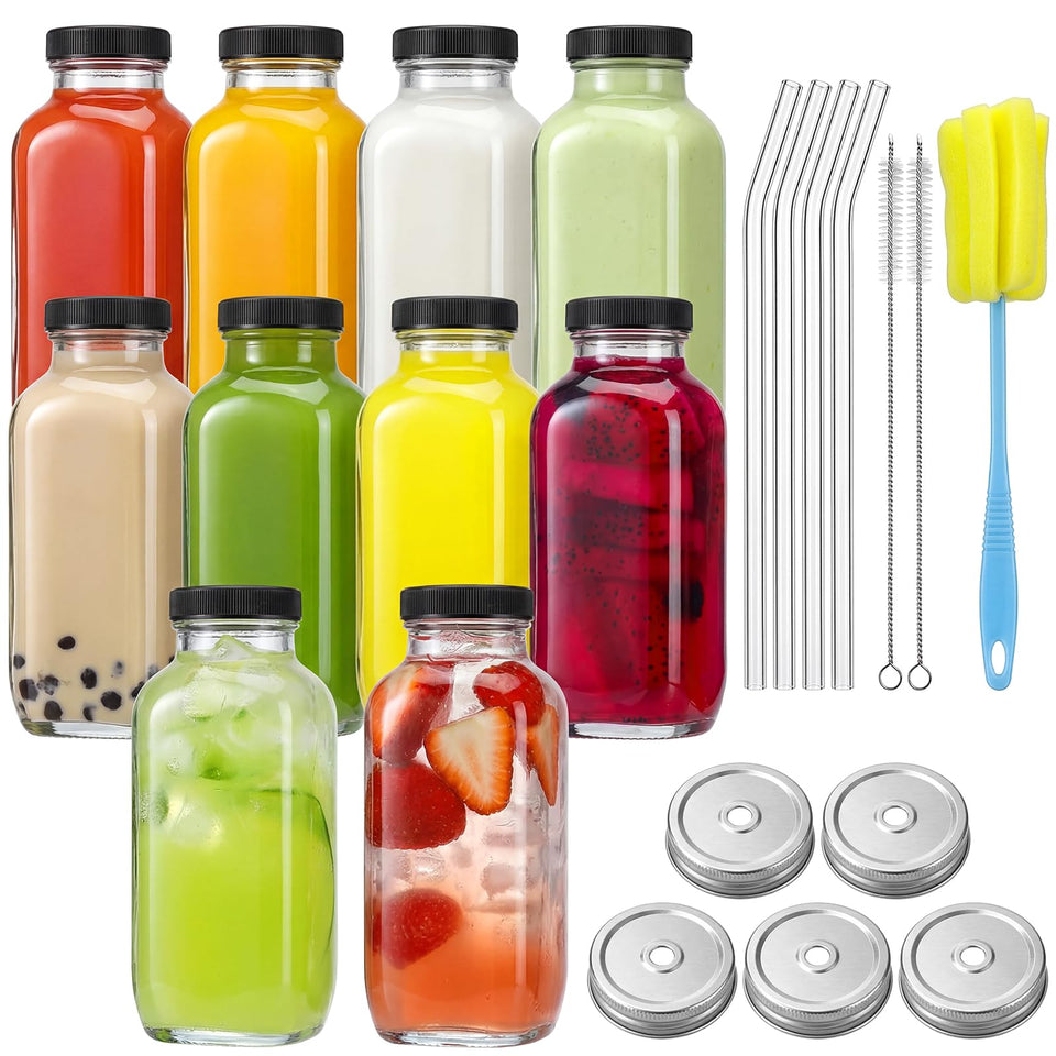 CUCUMI 16oz glass juice bottles with lids for versatile drinks on the go.