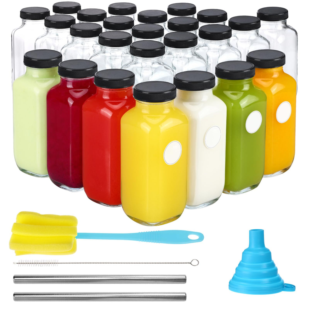 CUCUMI 24x16oz square glass bottle with lids ideal for juice storage.