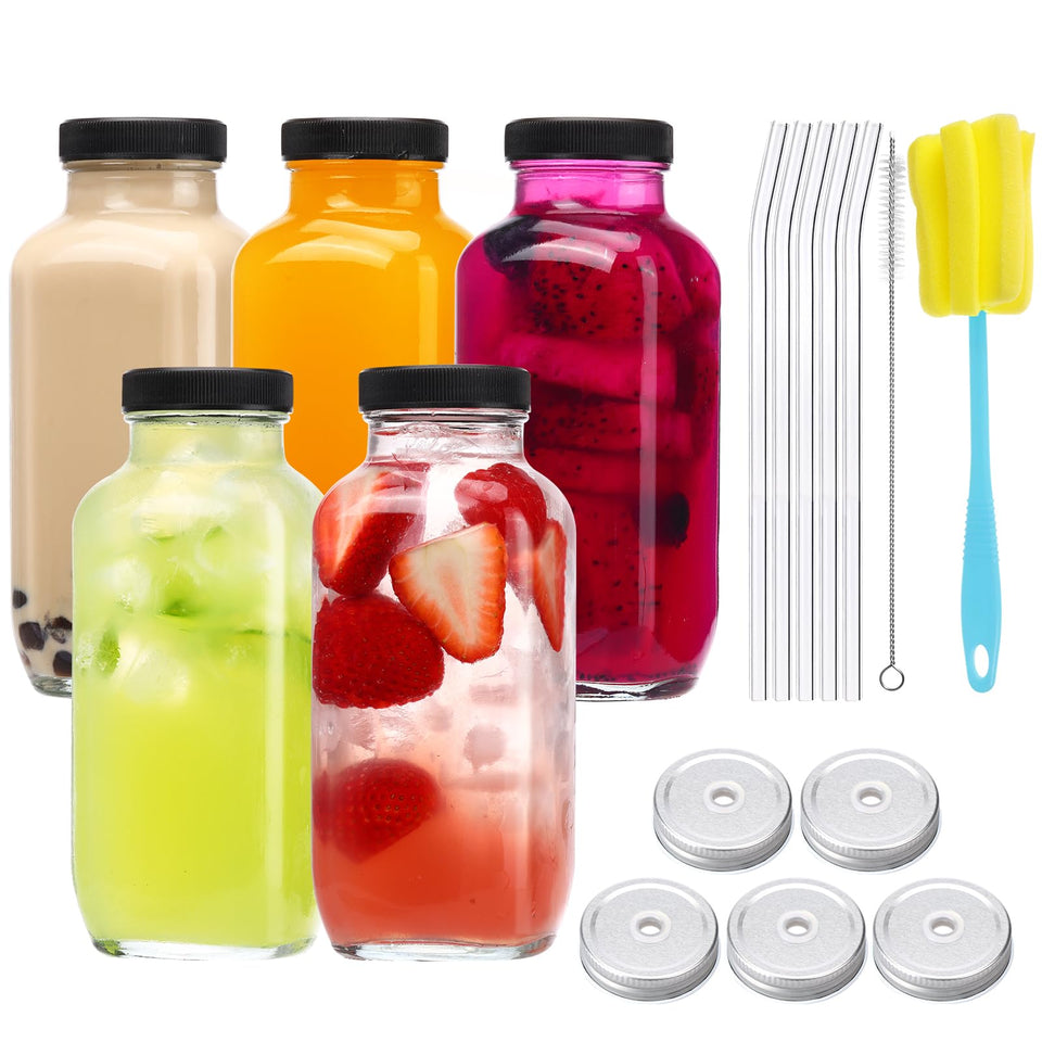 CUCUMI 5-pack glass juice bottles with lids for fresh juice storage