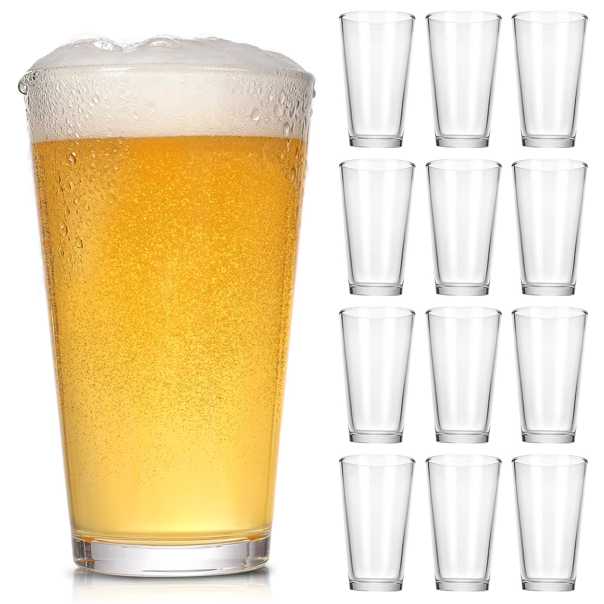 CUCUMI beer pint glasses set of 12 for crystal-clear serving and everyday use.