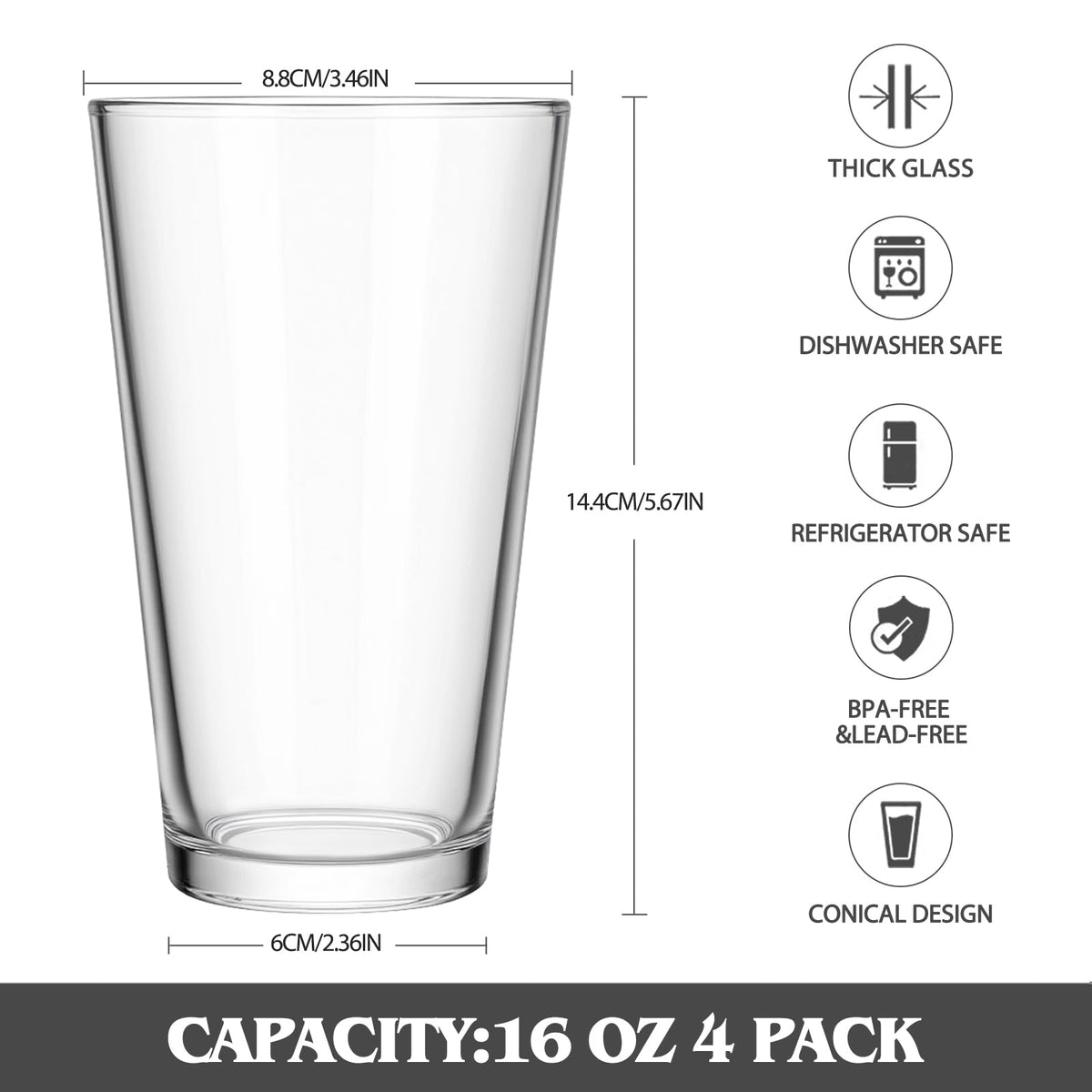 CUCUMI pint glasses 16oz stable non-tip base for confident pouring.