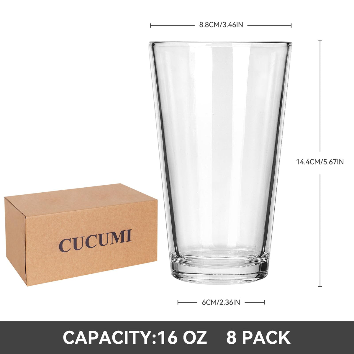 CUCUMI pint glasses with 7.5-inch height for comfortable grip.