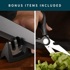 CuCut turquoise handles add color and balance to the kitchen.