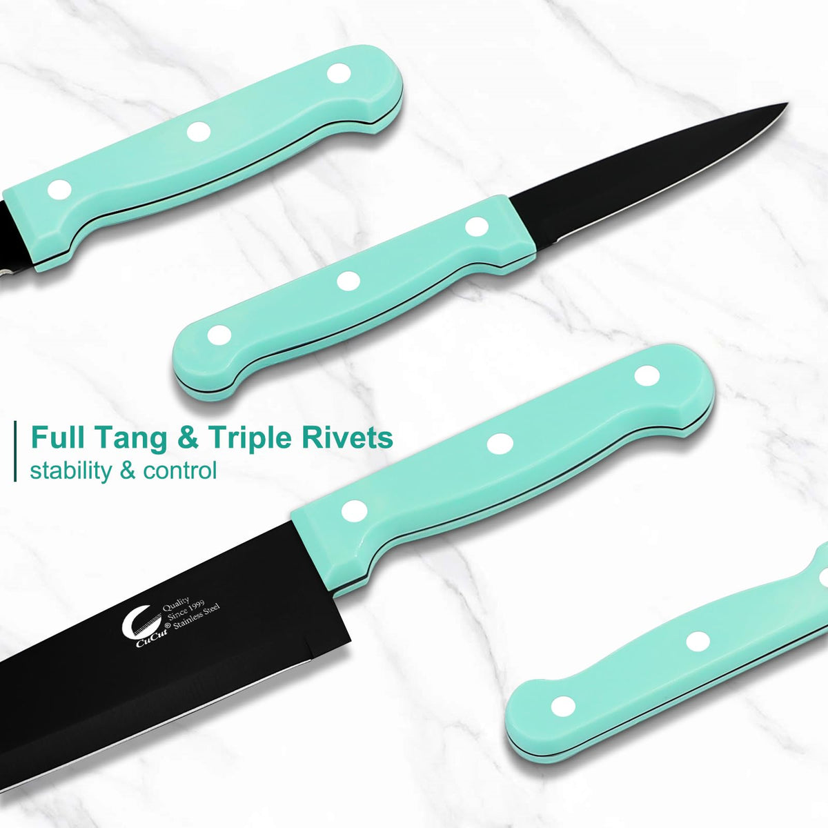 CuCut turquoise handles for a comfortable, non-slip grip.