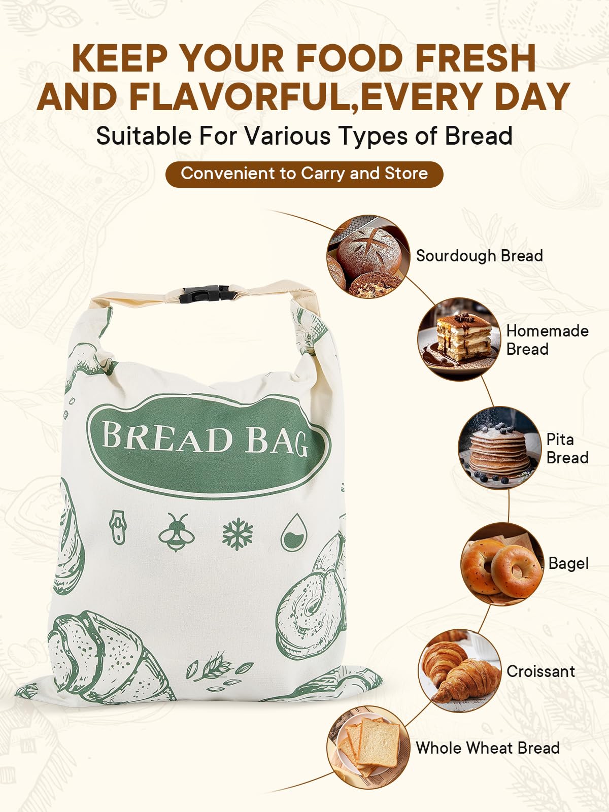 CUIJIALAHA large cotton bread bag with zipper, ready to store a homemade loaf