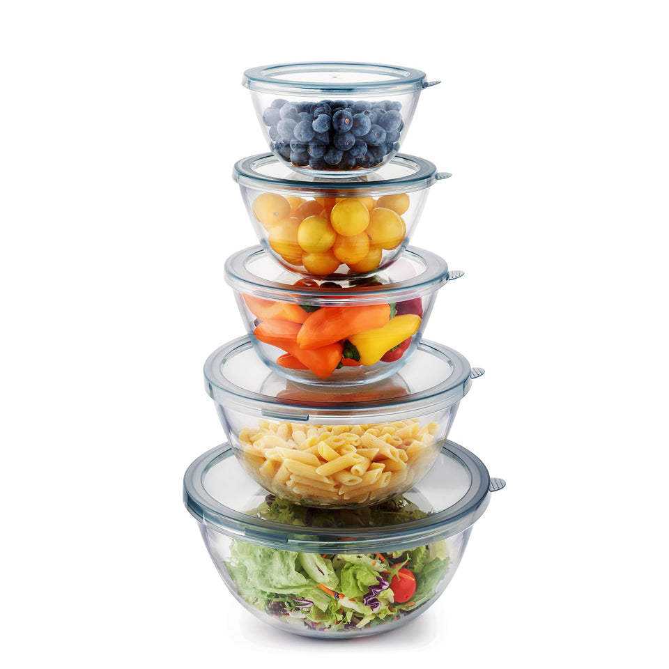 Cuiselect 5pc glass bowls with lids, close-up on nesting design for compact storage.