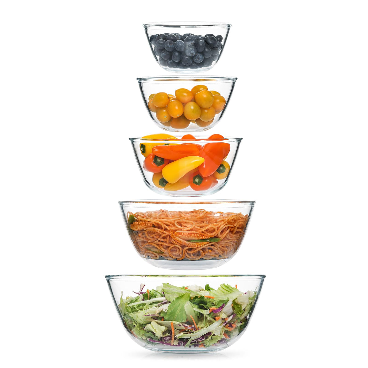 Cuiselect glass mixing bowls set with 4.65qt capacity, non-slip rim for stable mixing.