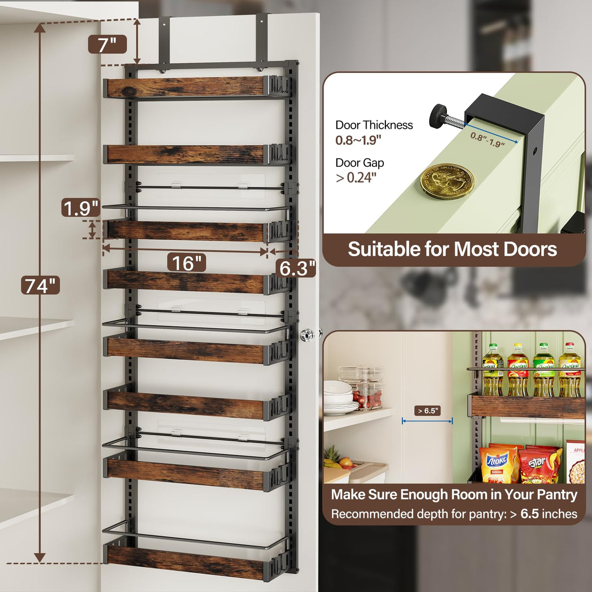 CUISIBOT 8-tier over-the-door pantry organizer side view highlighting compact profile