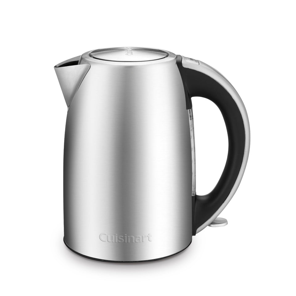 Cuisinart 1.7L electric kettle front view in brushed stainless steel for fast brewing.