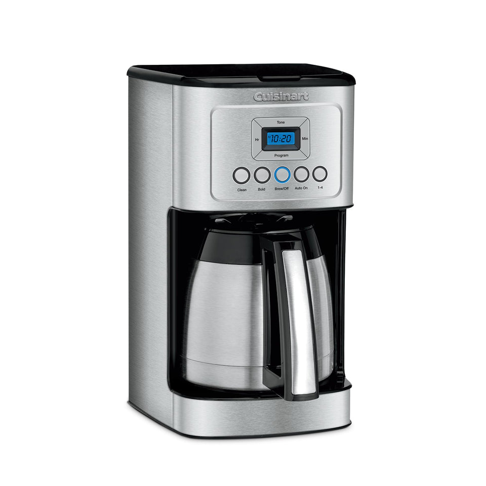 Cuisinart 12-Cup Coffee Maker front view with stainless steel accents for a stylish kitchen addition.