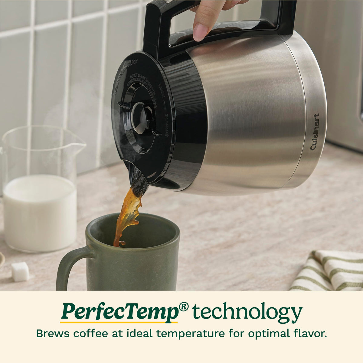 Cuisinart 12-Cup Coffee Maker thermal carafe keeps coffee hot without bitterness.