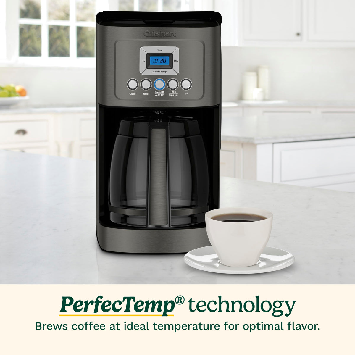 Cuisinart 14-Cup coffee maker side view showing warm plate settings for your preferred heat.