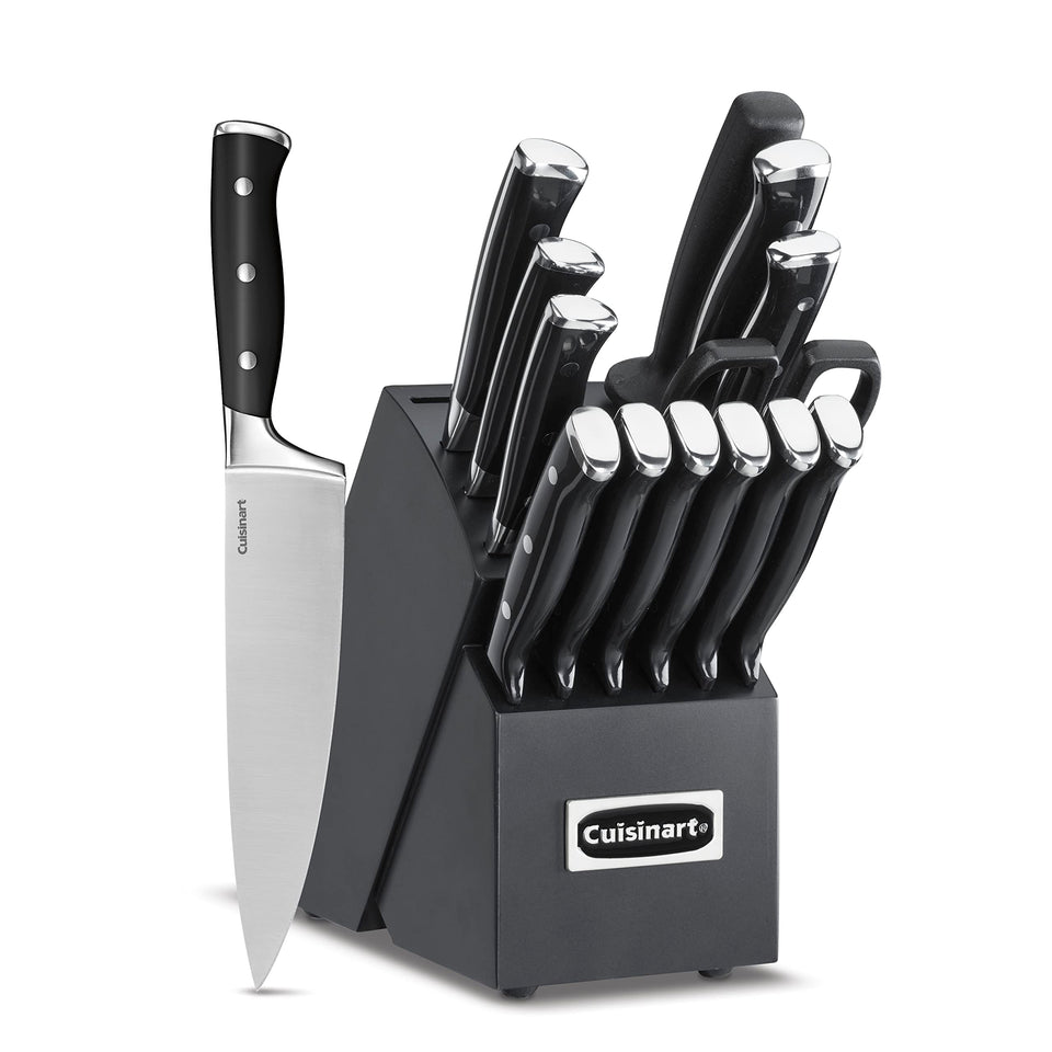 Cuisinart 15-piece knife set on block, showing organized storage and versatile blades