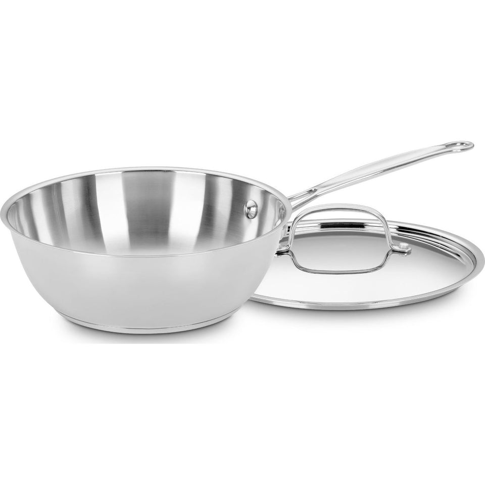 Cuisinart 735-24 Chef's Classic stainless pan with cover on stovetop showing mirror finish and lid.