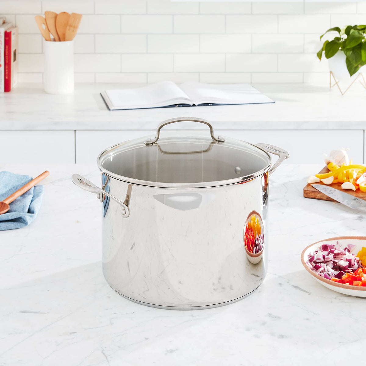 Cuisinart 10-qt stockpot in brushed stainless with riveted side handles, dishwasher-safe.