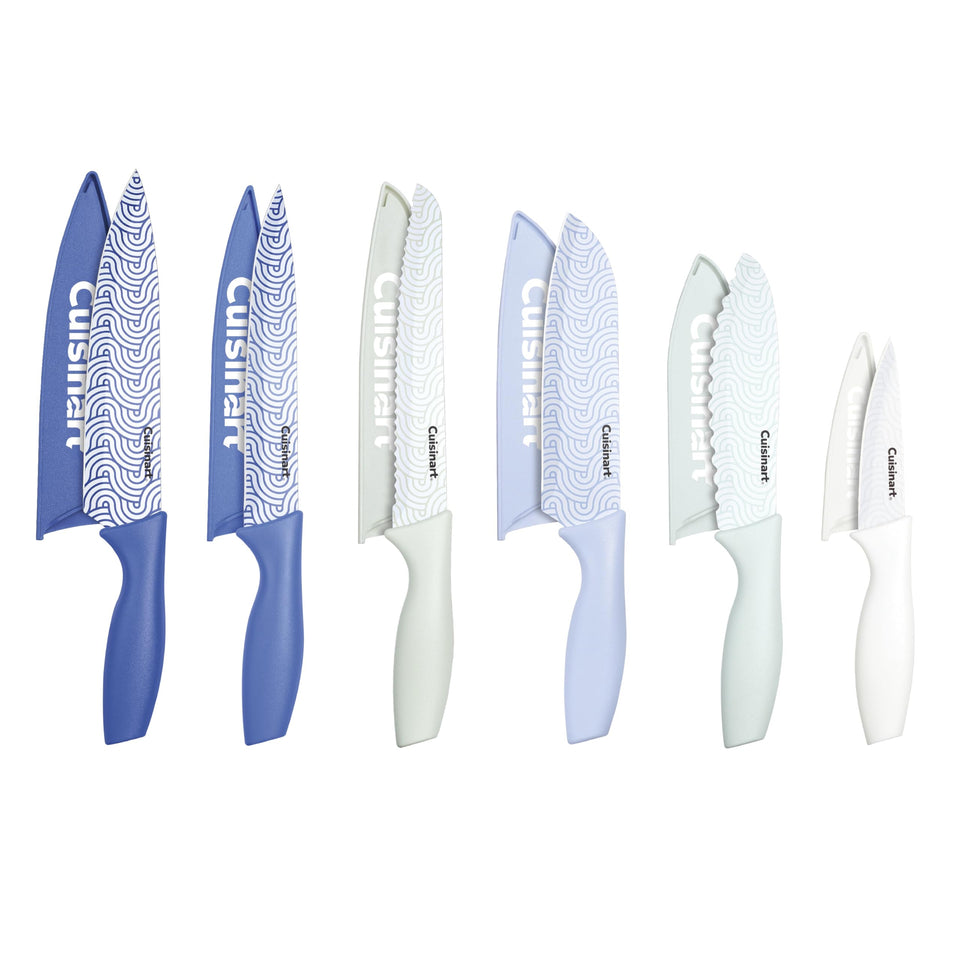 Cuisinart Advantage 12-piece knife set shown with ergonomic handles for precise slicing.
