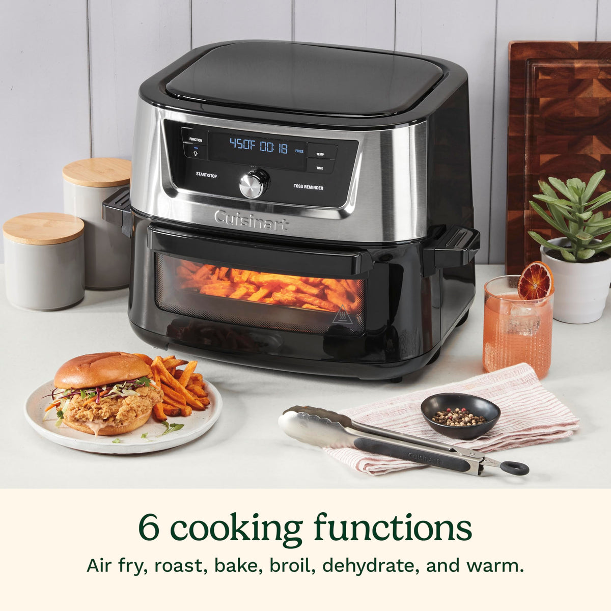 Cuisinart air fryer oven with 6 presets and intuitive digital display for simple cooking.