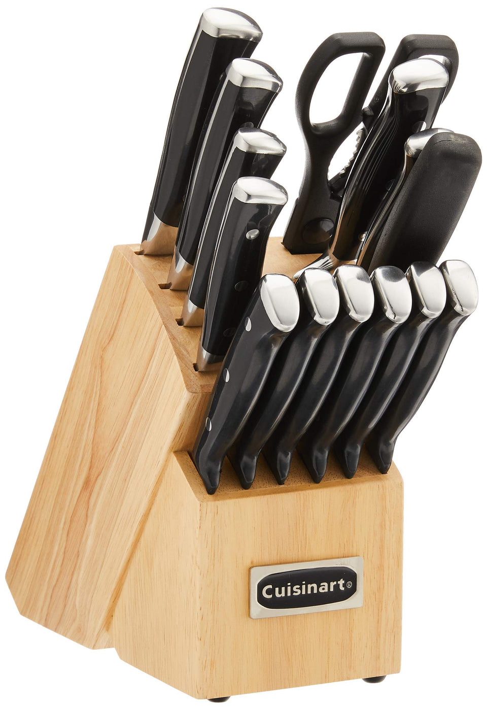 Cuisinart block knife set in wooden block for organized storage and easy access.