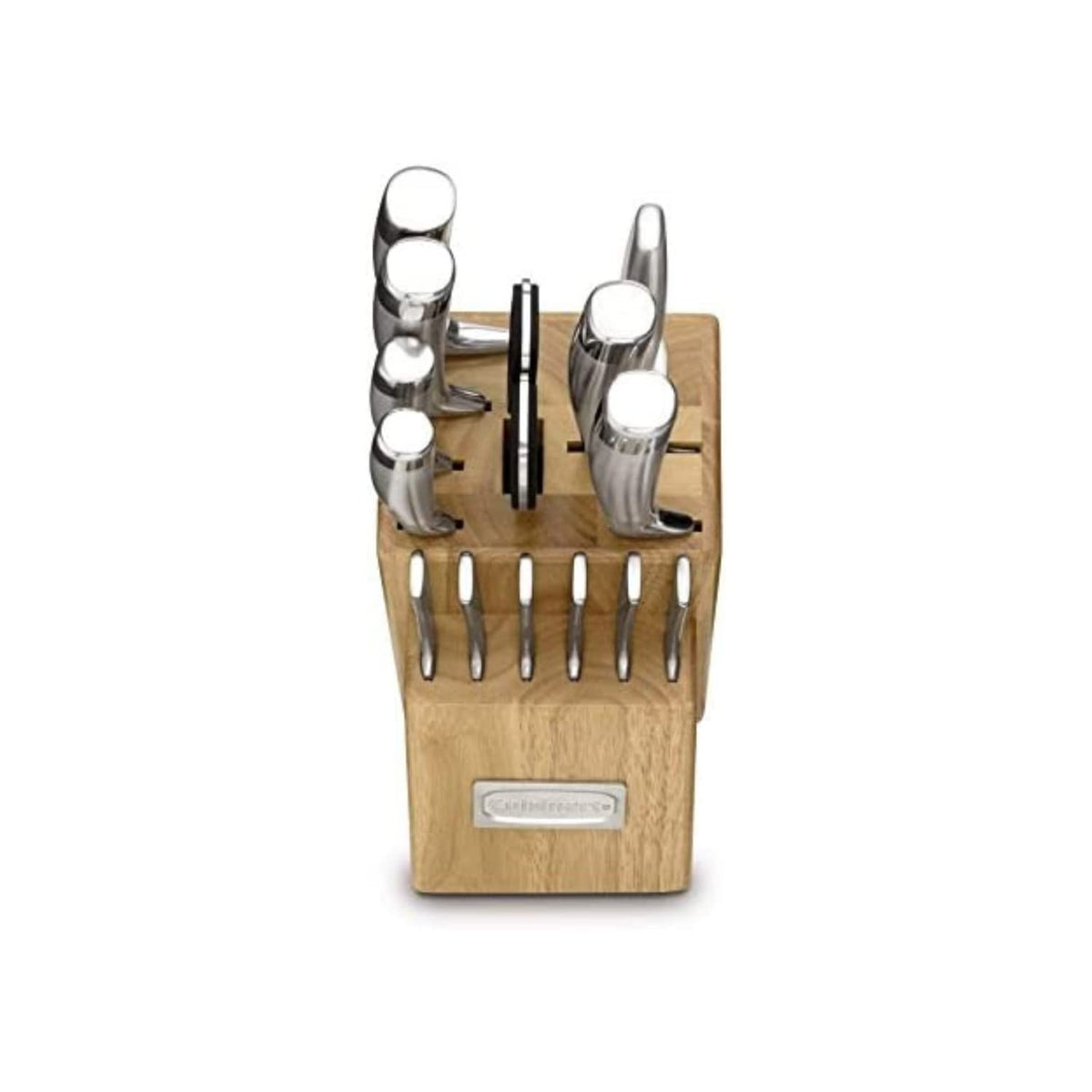 Cuisinart block knife set with 8-inch serrated bread knife for clean slices.