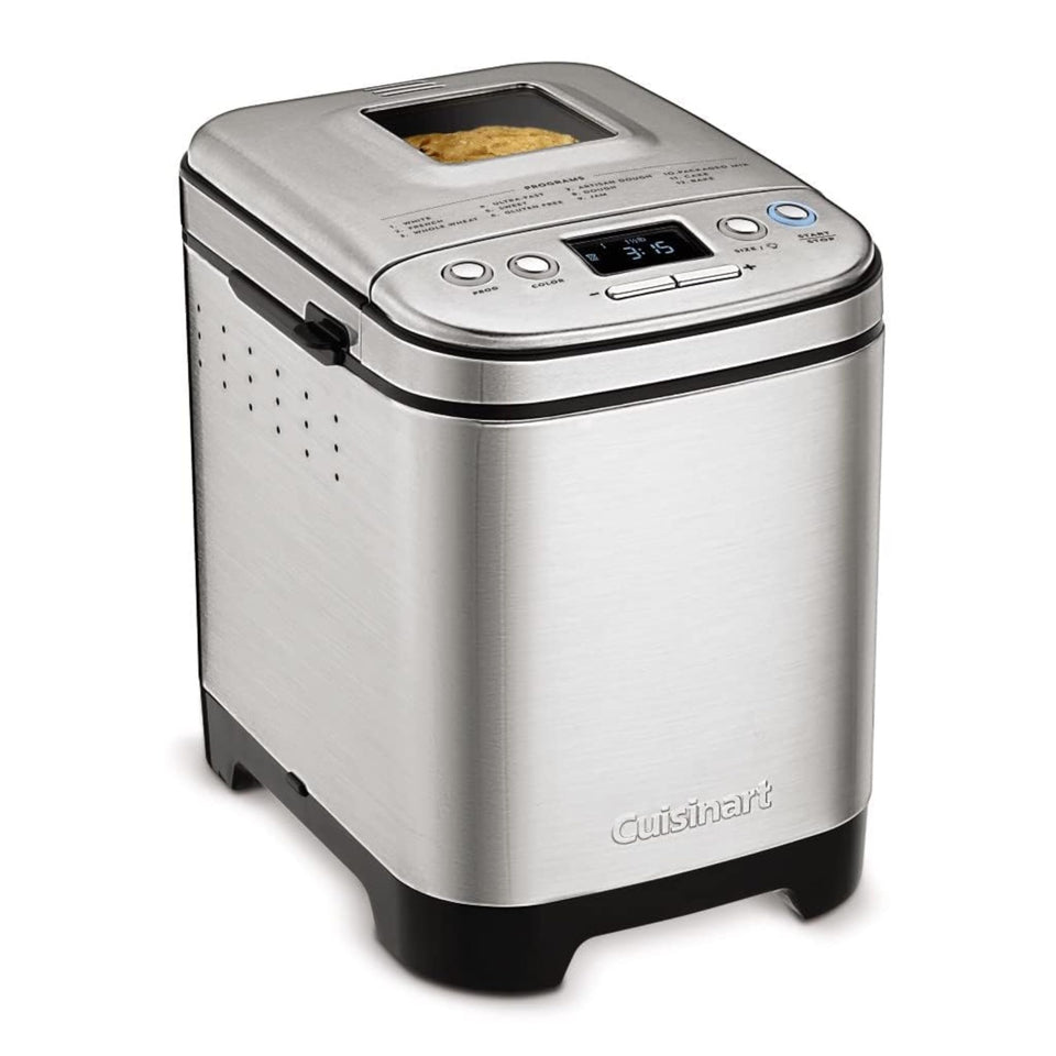 Cuisinart bread maker front view showing compact design for easy countertop use.