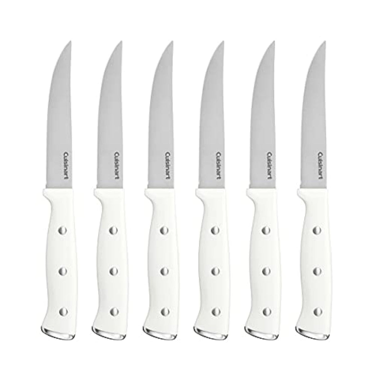 Cuisinart C77WTR-6PSK white steak knife set with triple rivet handles for precise slicing.