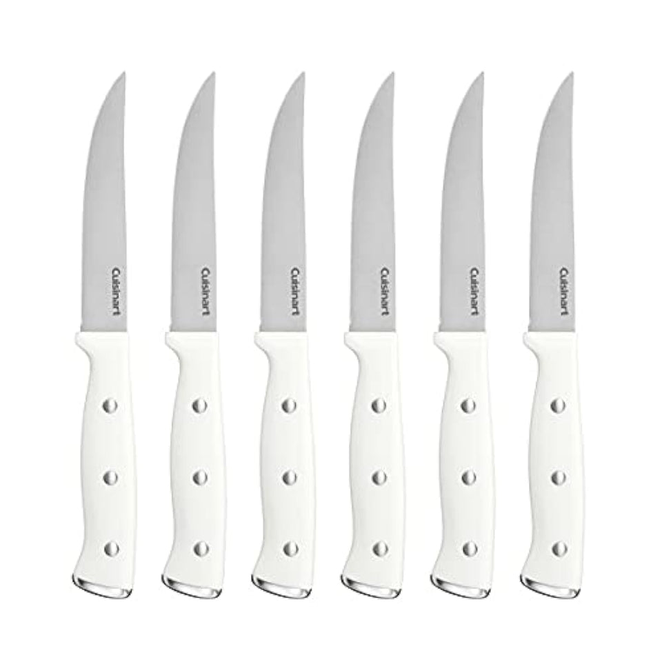 Cuisinart C77WTR-6PSK white steak knife set with triple rivet handles for precise slicing.