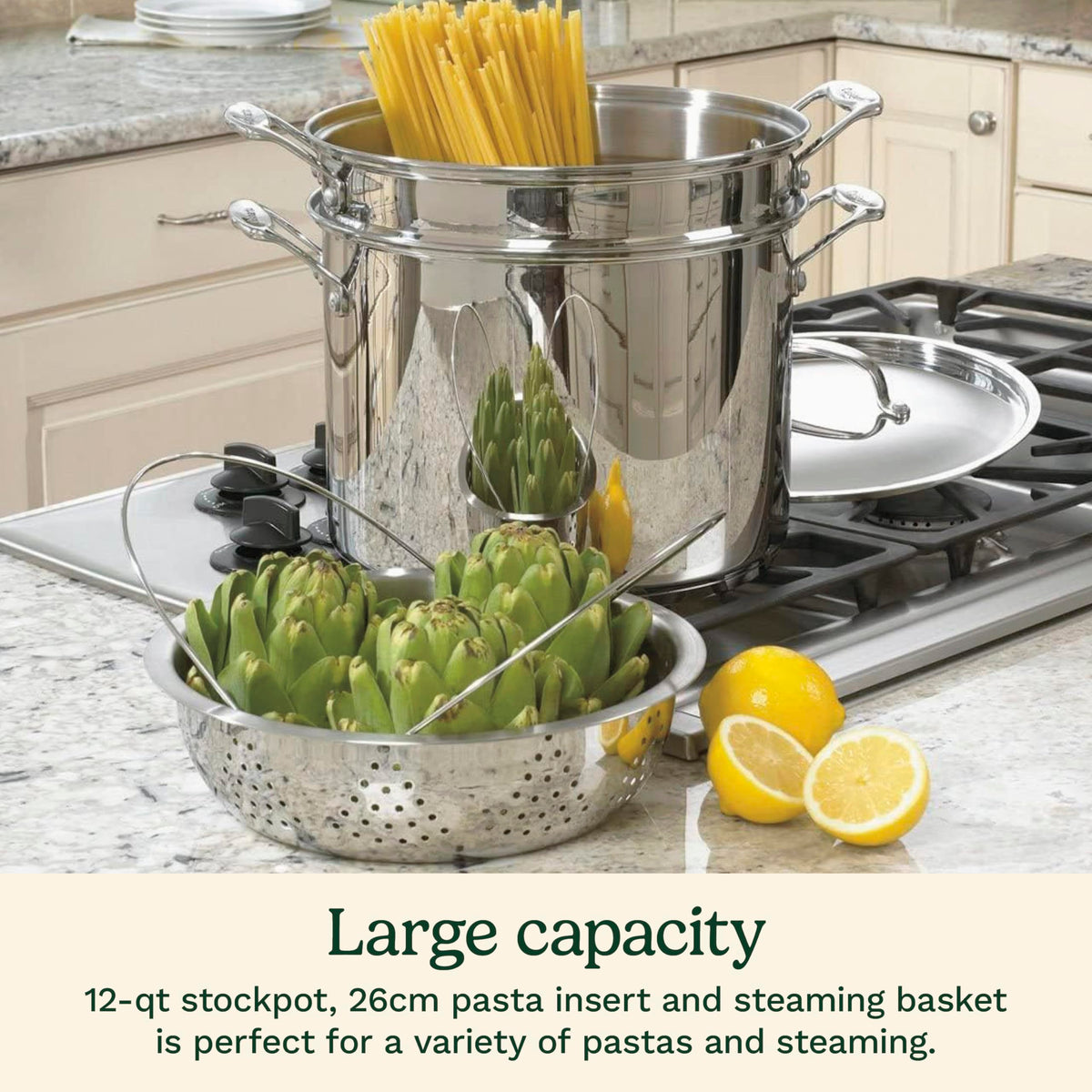 Cuisinart Chef's Classic 12-quart stockpot with pasta insert for easy draining pasta.
