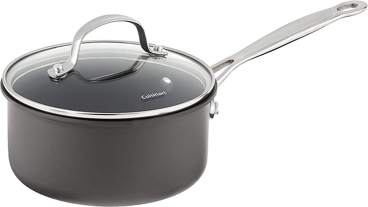 Hard-anodized surface of Cuisinart saucepan promotes steady heating and easy cleanup