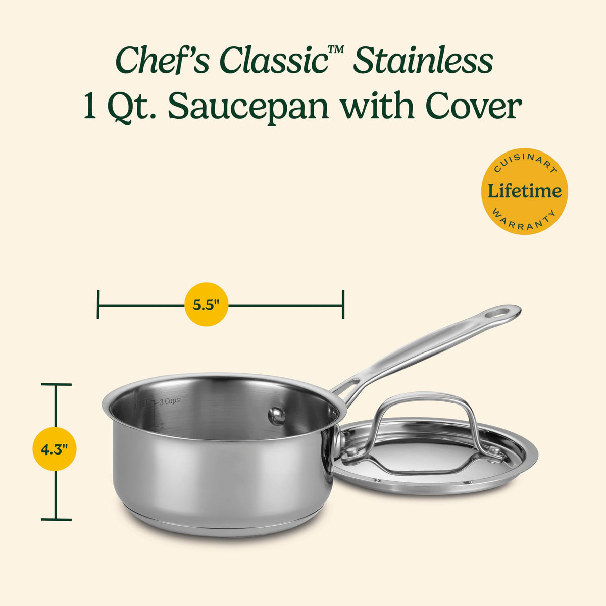 Cuisinart Chef's Classic stainless saucepan on stove highlighting drip-free pouring and safe handling.