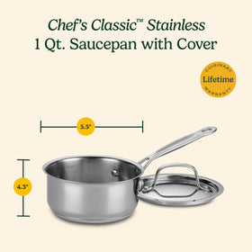 Cuisinart Chef's Classic stainless saucepan on stove highlighting drip-free pouring and safe handling.