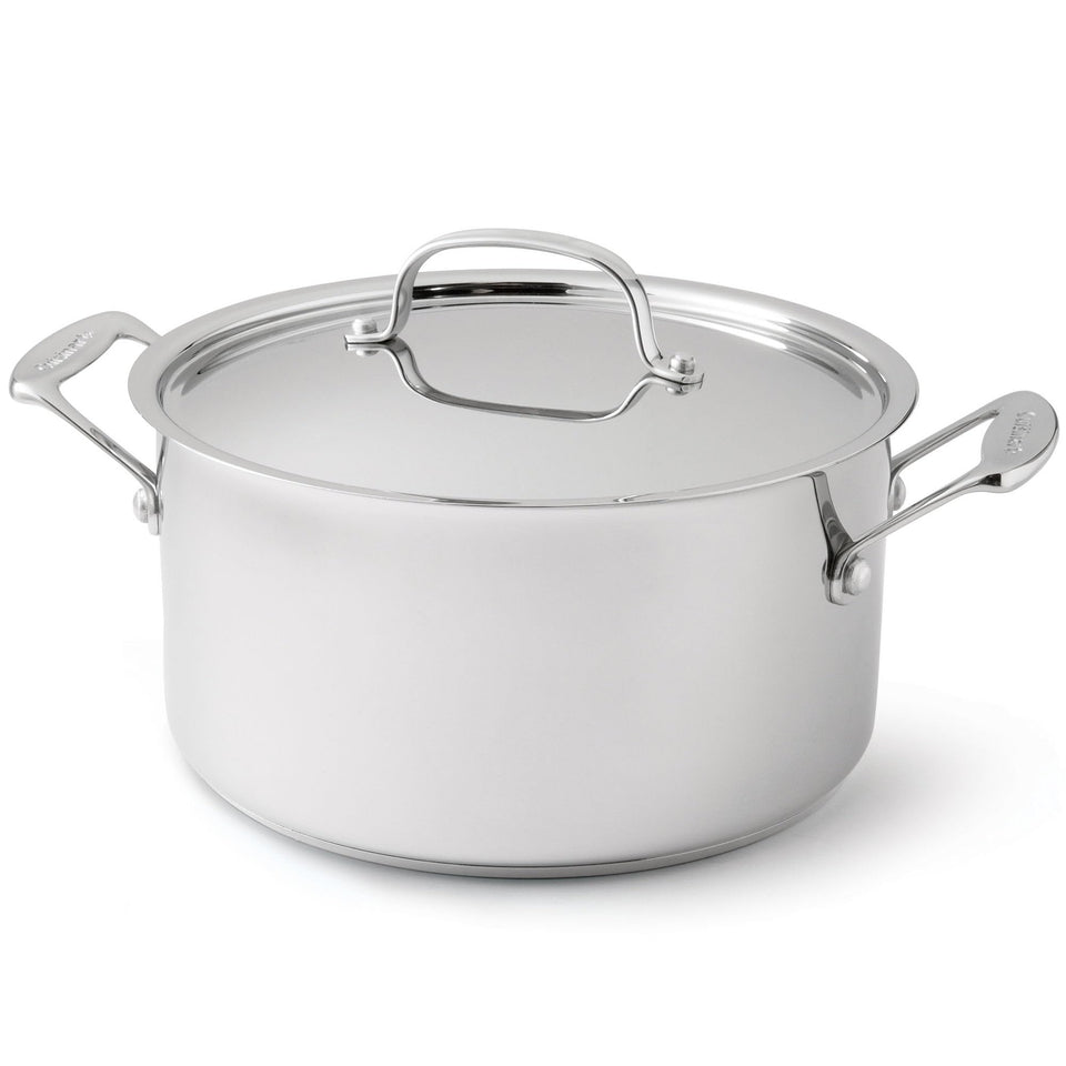 Cuisinart Chef's Classic stainless stockpot with cover showing even heat for soups