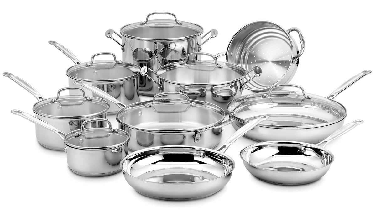 Cuisinart Chef's Classic steel 5-quart saute pan with helper handle for easy maneuvering and even browning.